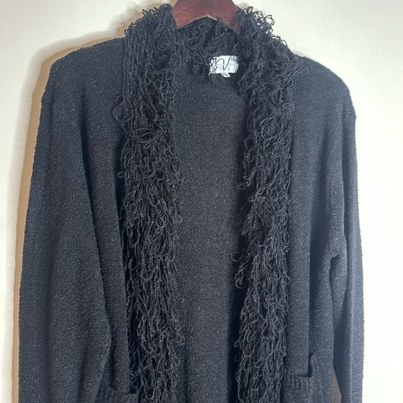VARIATIONS Soft Black Stretchy Open Front Fringe Long Cardigan Sweater - Picture 3 of 13